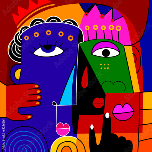 Group of creative abstract geometric decorative face portraits hand drawn vector illustration. Artistic design for postcard, poster, cover, prints and wall art.