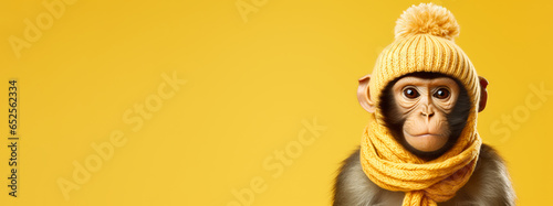 A little baby monkey protects himself against the winter. Isolated Yellow Background. Copy Space