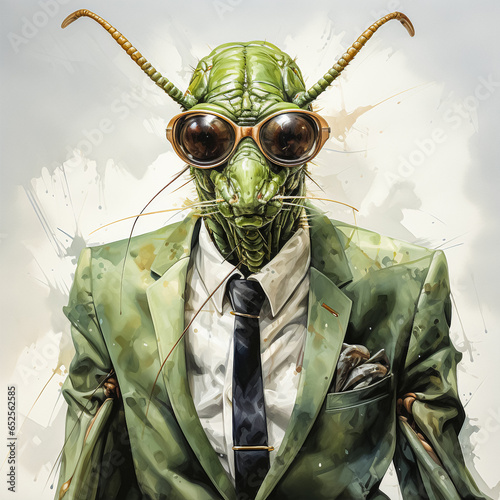 Awatercolor portrait features stylish grasshopper in business suit symbolizing ambition and grace © Алла Морозова