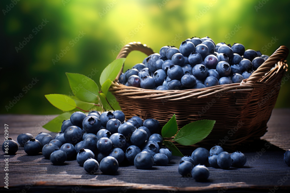 Blueberries in a wicker basket - obrazy, fototapety, plakaty 