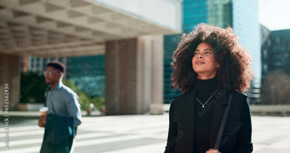 Business, black woman and walking by city building with thinking and smile for morning travel or journey outdoor. Happiness, person with afro and corporate worker moving to work in urban town