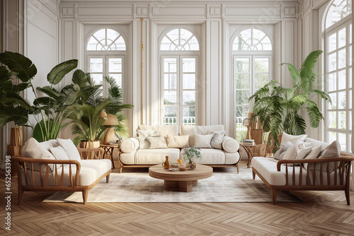 a typical white and wooden living room filled with plants