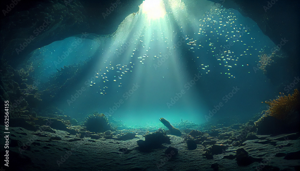 Obraz premium Underwater deep ocean mysterious light background, Ai generated image