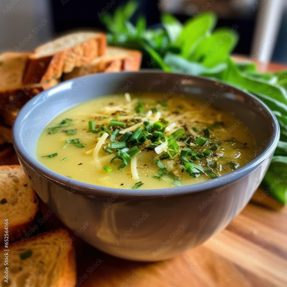  A bowl of soup with bread and herbs 
