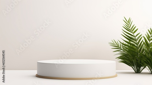 White podium, Cosmetic display product stand with leaf on white background.