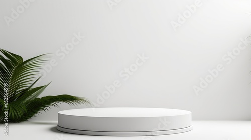 White podium, Cosmetic display product stand with leaf on white background.
