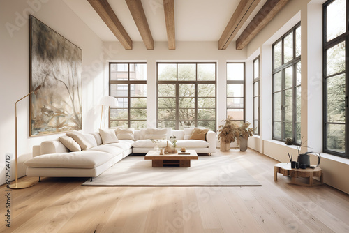 a white room with wood flooring stone walls large window © living room