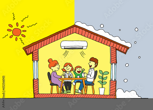 ZEH・断熱性の高い住宅で夏も冬も快適な暮らしを実現するイメージイラスト