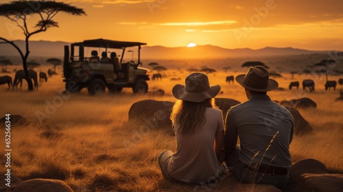 couple sitting on the floor Grass and a jeep in the grass field with wild animals in the background, the sunset photo