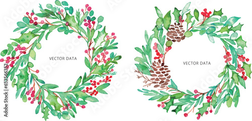 水彩画。水彩タッチのクリスマスひいらぎイラスト。柊のベクターイラスト。クリスマスの飾り。Watercolor painting. Christmas holly illustration with watercolor touch. Vector illustration of holly. Christmas ornaments.
