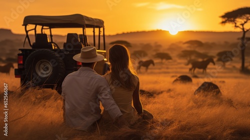 couple sitting on the floor Grass and a jeep in the grass field with wild animals in the background, the sunset © ND STOCK