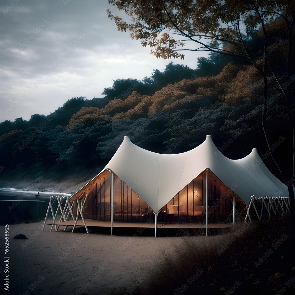 A weekend home that is a pole and canvas tent structure The tent has an