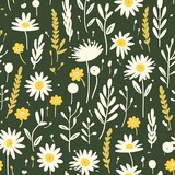 Seamless vector floral colorful pattern. Ornate flower spring and summer botanical art in a modern flat style. Meadow plants, leaves, leaf and small daisy flowers. Romantic garden color illustration. 