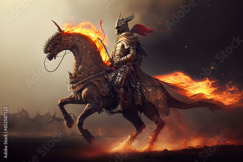 Polish winged hussar centaur chimera dragon knight Lower body of draconic horse Simple medieval gold armor with red elements Volcanic fantasy desert battle in the background Dramatic fog and fire 