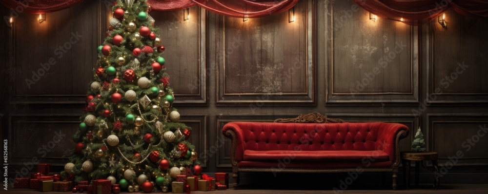 A festive living room with a beautifully decorated Christmas tree and a cozy red couch