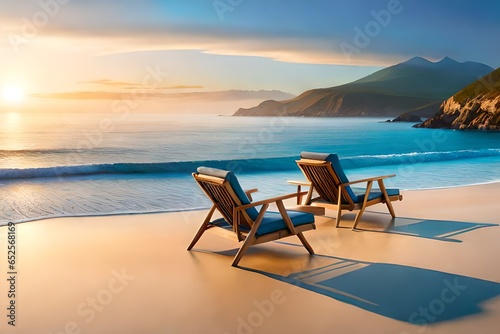 sunset at the beach, wooden chairs on the beach