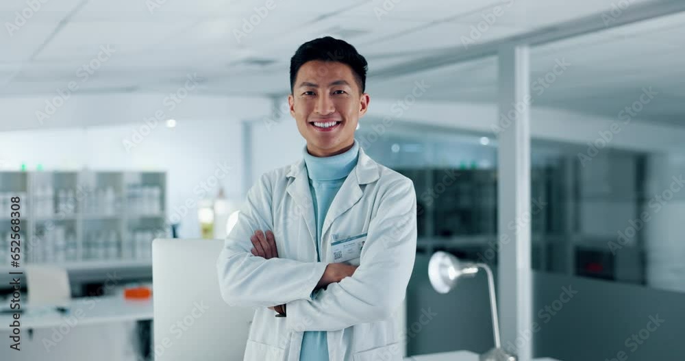 Smile, portrait and Asian man or scientist in laboratory, pharmaceutical research in biotech and science. Medical study, innovation or vaccine development, happy person with arms crossed in lab Smile, portrait and Asian man or scientist in laboratory, pharmaceutical research in biotech and science. Medical study, innovation or vaccine development, happy person with arms crossed in lab