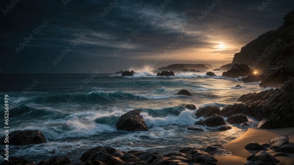 Epic Mystical Nighttime Seascape Photography, Generative AI