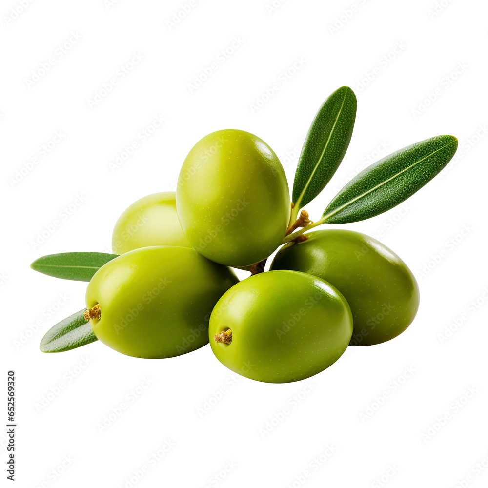 Obraz premium green olives with leaves on branch isolated on transparent background Remove png, Clipping Path