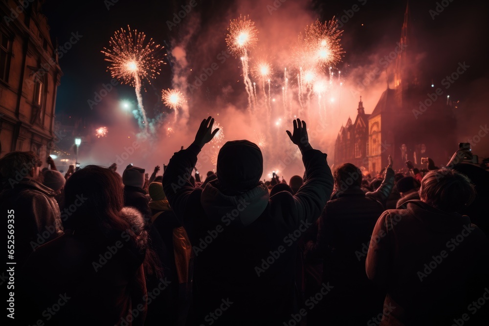 A vibrant fireworks display lighting up the night sky as a crowd of excited onlookers marvel in awe