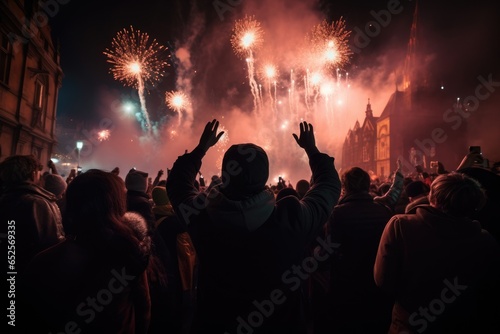 A vibrant fireworks display lighting up the night sky as a crowd of excited onlookers marvel in awe