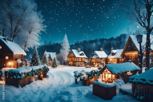 Christmas village with Snow in vintage style. Winter Village Landscape. Christmas Holidays 