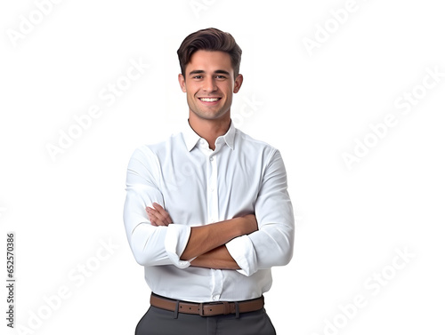 Businessman smiling and standing with arms crossed isolated on white background, generative ai