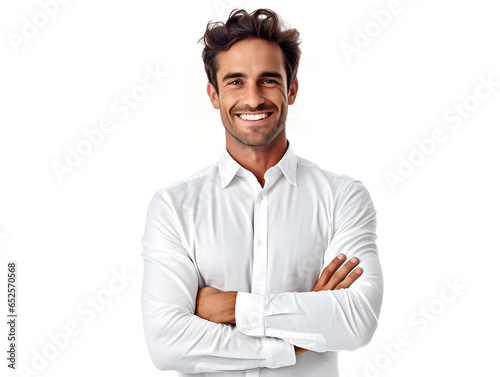 Business man smile and standing with arms crossed isolated on white background, generative ai