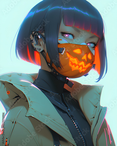 Cyberpunk character in a spooky pumpkin face mack photo