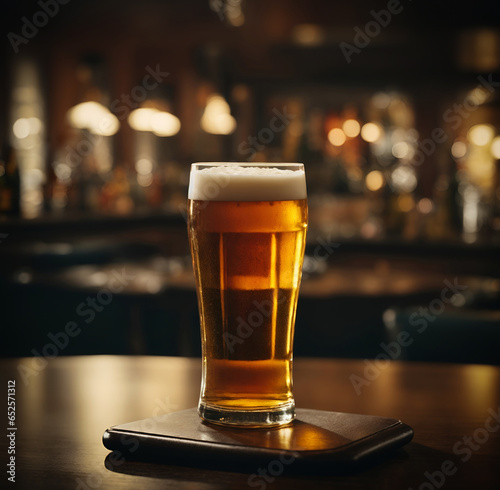 Cold beer on the pub, or bar. Blurred background.