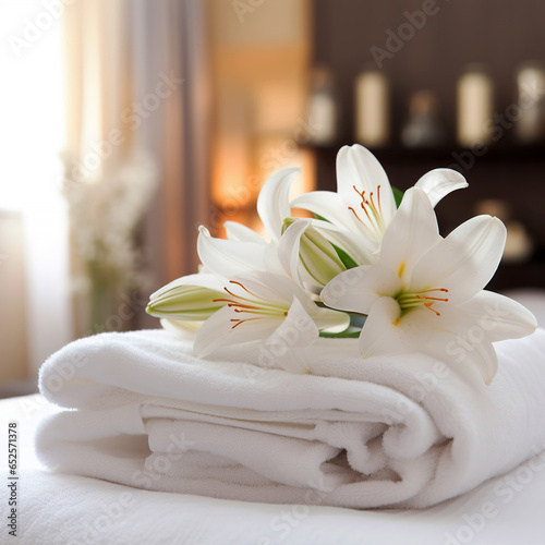 White towels with white lily flowers on bed in hotel room