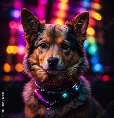 Portrait of a puppy dog is wearing neon collar. Neon lights at background.