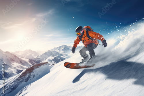 Young man snowboarder running down the slope in Alpine mountains © Kien