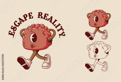 Brain Vintage Logo Cartoon Retro Mascot Design Vector Illustration