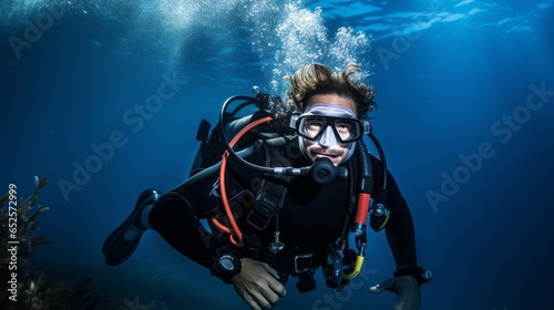 Thrills of the Deep: Adventurous Male Scuba Diver with Gear on Deep-Sea Blue Background © danter