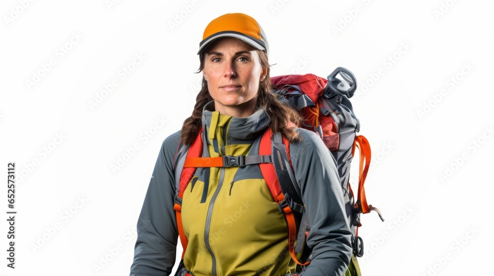 Fototapeta premium Scaling New Heights: Experienced Female Climber with Mountaineering Gear on White Background