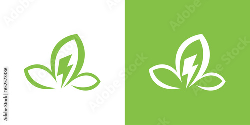 green energy logo template, lightning elements combined with green leaves