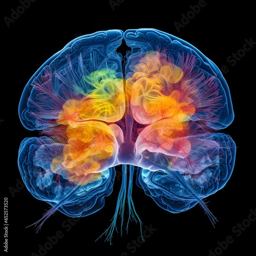colorful brain image in top view with black isolated background, Magnetic Resonance Image photo