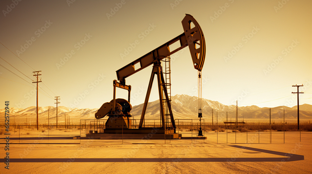 Ground-level view capturing the shadow of a towering oil rig, projected onto a golden desert landscape. Ground-level view capturing the shadow of a towering oil rig, projected onto a golden desert landscape.