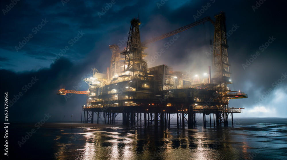 Night-time capture of an offshore platform, brilliantly illuminated, standing as a beacon amidst the dark waters. Night-time capture of an offshore platform, brilliantly illuminated, standing as a beacon amidst the dark waters.