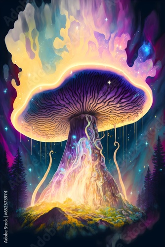 transparent giant psychedelic tornado mushroom in the forest magical energy flow eminating from the mushroom fantasy epic stunning beautiful  photo