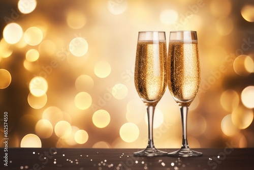 two glasses of champagne with gold sprinkle lightning background