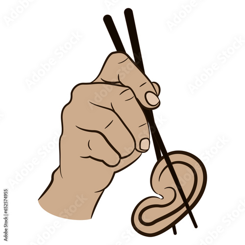 Human hand holding a human ear with chopsticks. Creative design. Cannibalism or gossip. Isolated vector illustration.