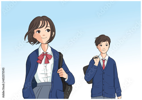 青空を背景にした制服の女子高生と男子高生（ベクター）