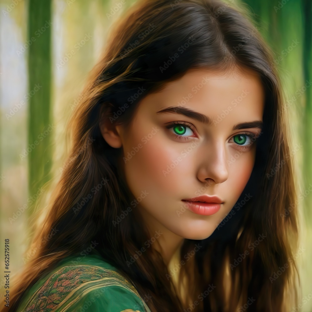 Beautiful Woman with Green Eyes and Long Brown Hair in Close-up Portrait Beautiful Woman with Green Eyes and Long Brown Hair in Close-up Portrait