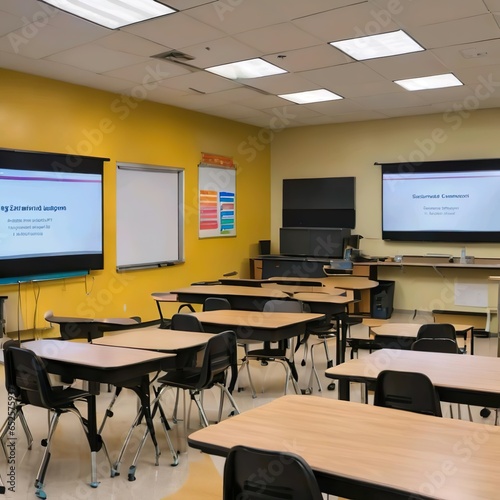 Modern Classroom with Technology-Equipped Desks and Tables