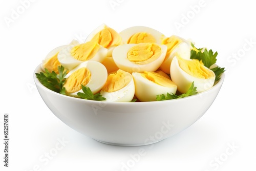 white bowl of egg salad on white photo