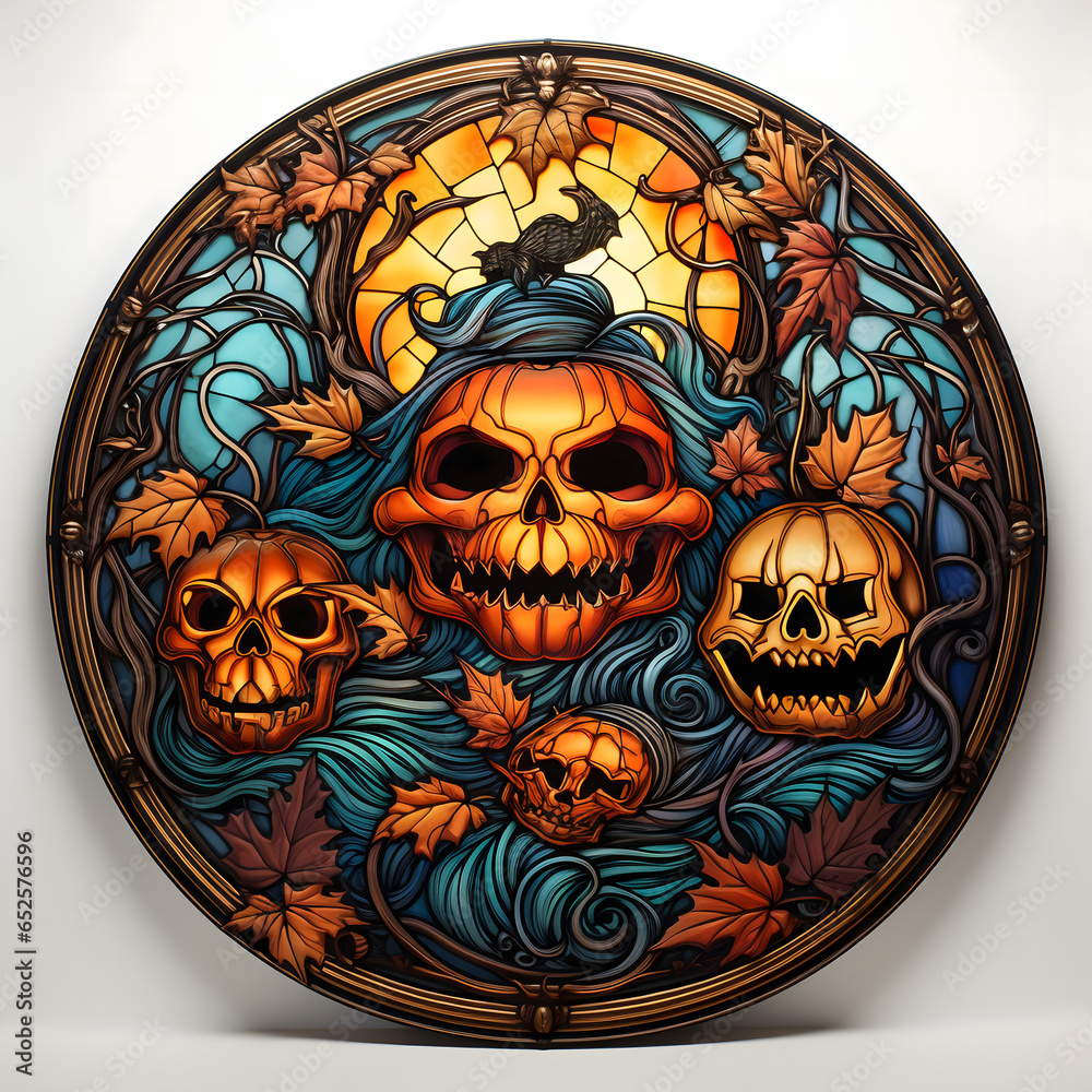 stained glass circular halloween, white background, scary spooky halloween season, monster skull and crossbones halloween witch with pumpkin, halloween and October background