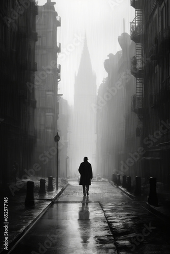 Atmospheric street scene: a person with an umbrella in the fog, captured in black and white Created with generative AI tools.