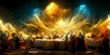 An explosion chiaroscuro wind movement last supper linear perspective 13 apostles gold copper silver metal high renaissance psychedelic fractal vermillion ultramarine 8k realistic warm colors full 
